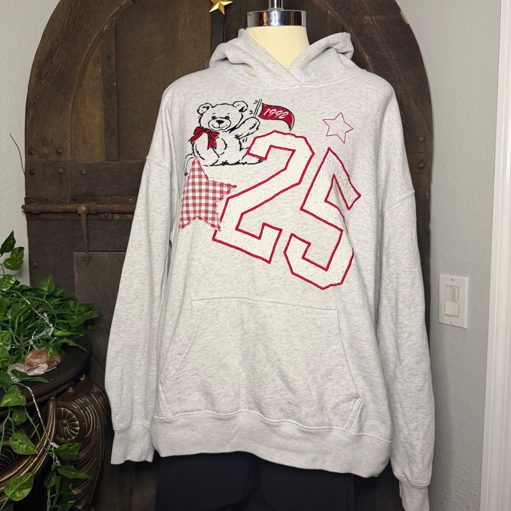 Hollister 1992 Bear Graphic Hoodie Size M Grey Patchwork Pullover